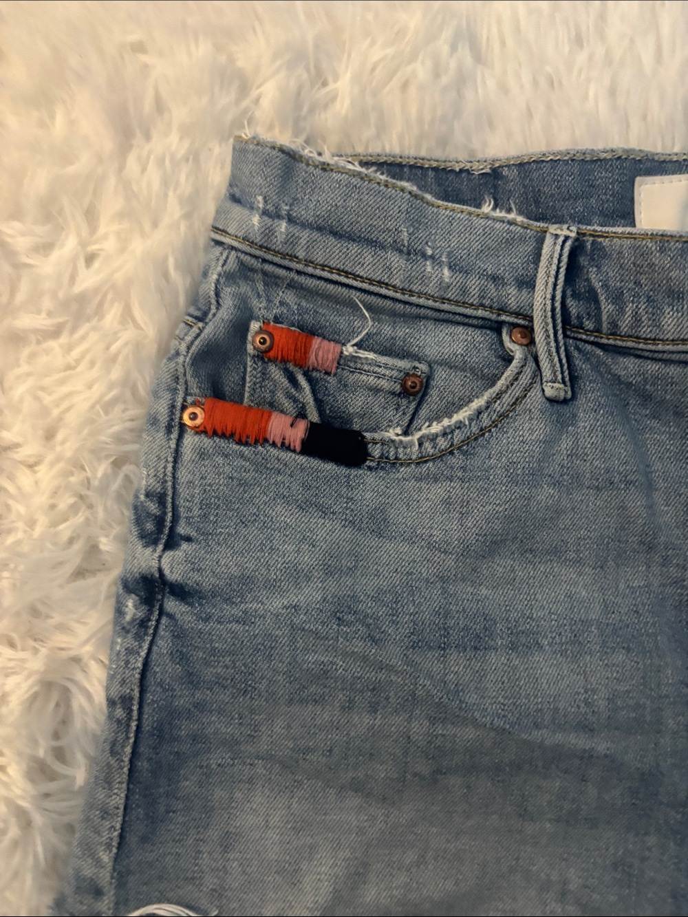 MOTHER Light Blue Denim Cutoff Shorts with Colorful Pocket Embroidery - Picture 4 of 13